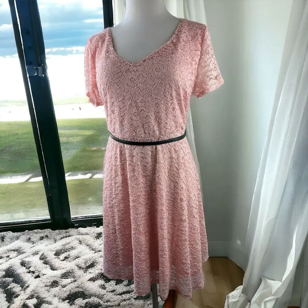 Torrid Sparkle Lace Skater Dress Belted V-Neck Pink Plus Size 2 2X *Read H13562 - Picture 2 of 16